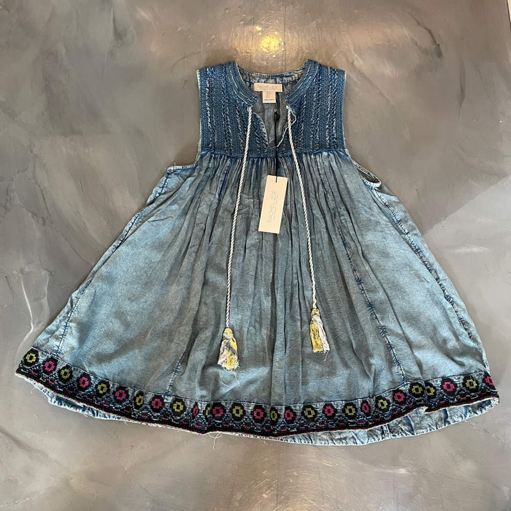 Rachel Zoe Womens Blue Smocked Embroidered Boho Tassel Tunic Top NWT Size S